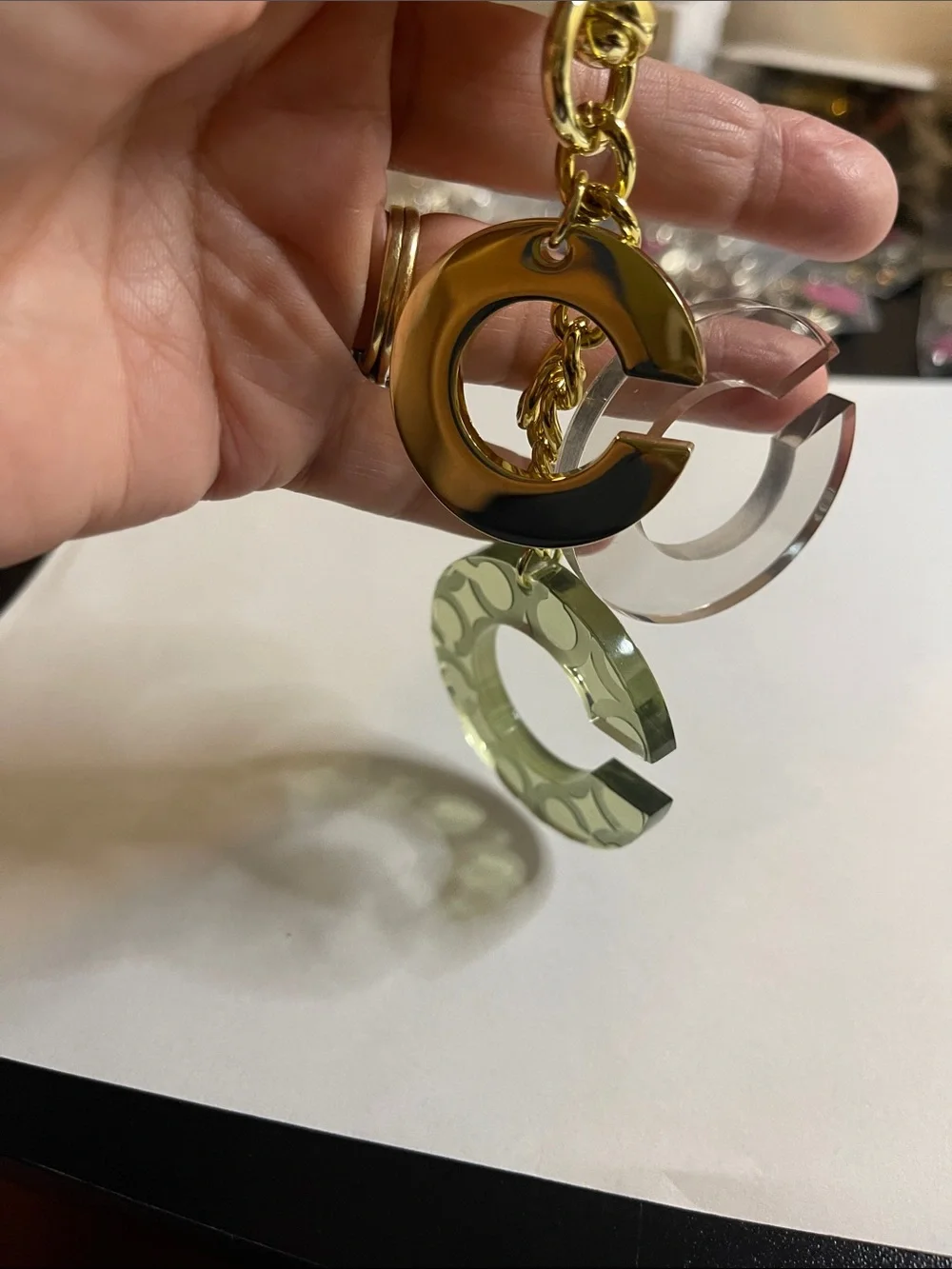 Coach Acrylic 'C' Charm Keychain with Gold Chain - Olive Green